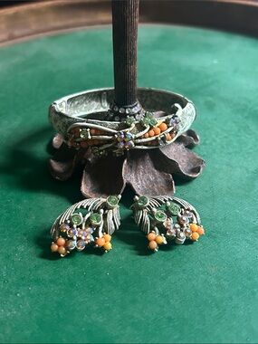 Vintage‎ Florenza Green and Orange Crystal Floral Bracelet and Earring Set